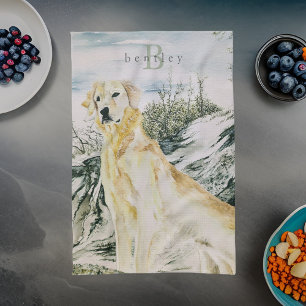 Linge De Cuisine Aquarelle Chien Retriever Doré Fier Monogramme