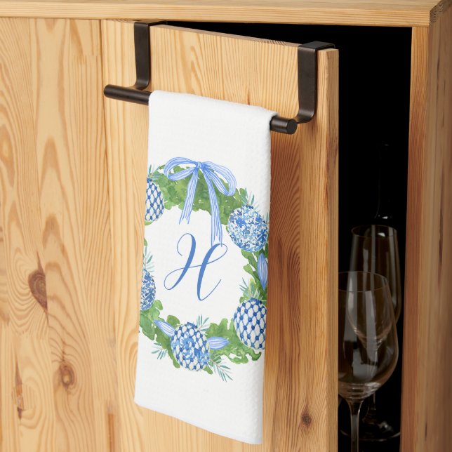 Linge De Cuisine Aquarelle Chinoiserie Wreath Noël Monogramme (Pliage en tiers)