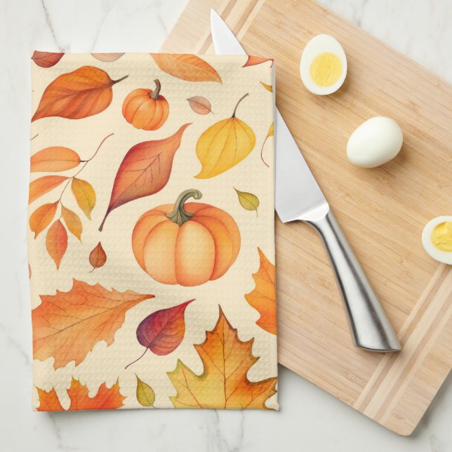 Linge De Cuisine Aquarelle Citrouille Feuille d'automne (Quart Plié)