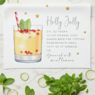 Linge De Cuisine Aquarelle Cocktail de Noël Holly Jolly Recette