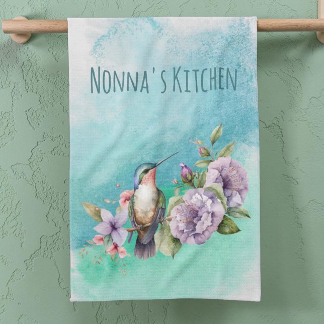 Linge De Cuisine Aquarelle Colibri et fleurs Personnalisé (Kitchen towel template of hummingbird and watercolor background.)