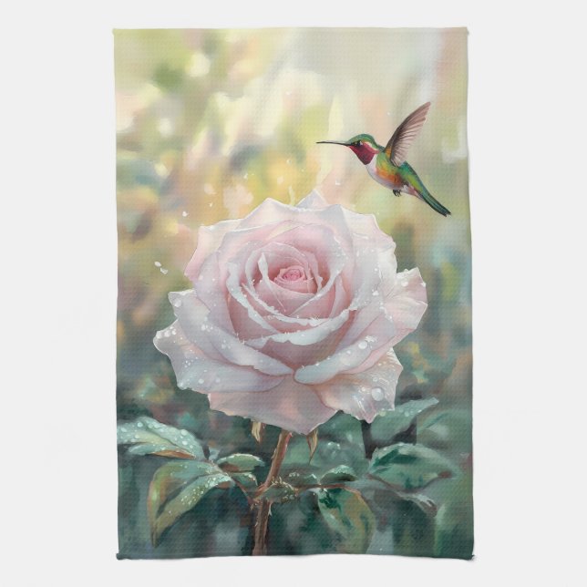 Linge De Cuisine Aquarelle Colibri et rose (Vertical)