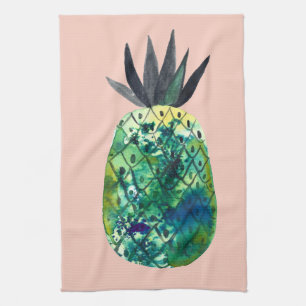 Linge De Cuisine Aquarelle colorée Ananas bleu vert rose