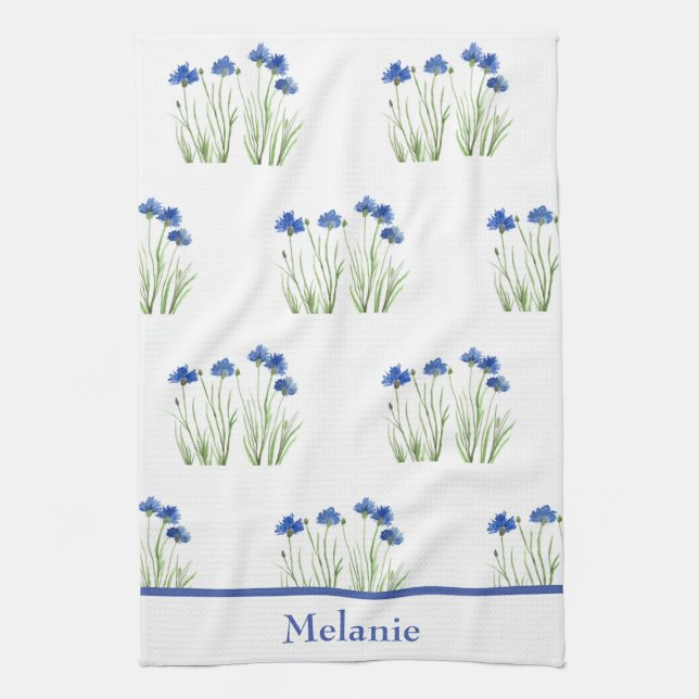 Linge De Cuisine Aquarelle Cornflowers Floral Blue Flowers Rustique (Vertical)