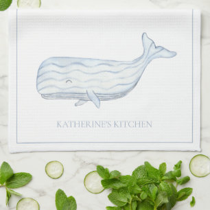 Linge De Cuisine Aquarelle côtière Baleine bleue Personnalisée