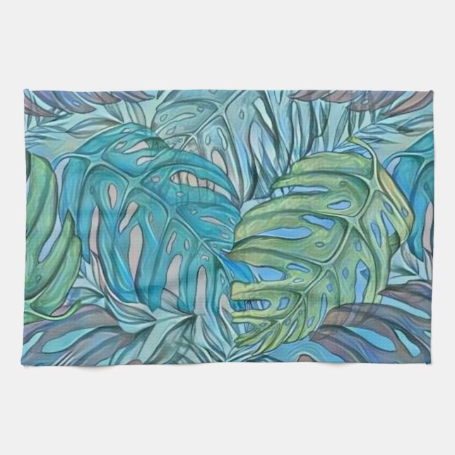 Linge De Cuisine Aquarelle couleur bleu vert tropical feuille (Horizontal)