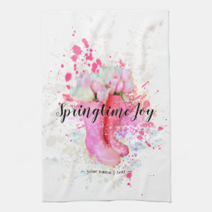 Linge De Cuisine Aquarelle couleur printemps Boots et tulipes roses