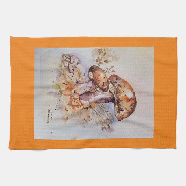 Linge De Cuisine Aquarelle couleurs automne champignons (Horizontal)