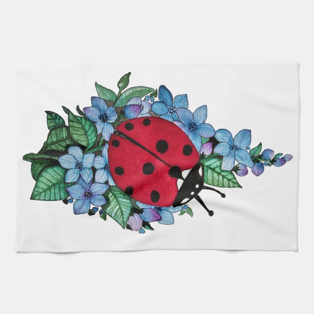 Linge De Cuisine Aquarelle Cute Ladybird Avec Fleurs Bleues Sauvage (Horizontal)