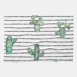Linge De Cuisine Aquarelle de Cactus : Dessin de stylo Vintage.