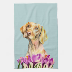 Linge De Cuisine Aquarelle de fleur de chien et de crocus de Vizsla