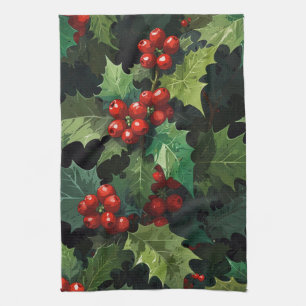 Linge De Cuisine aquarelle de Noël feuilles de houx baies botanique