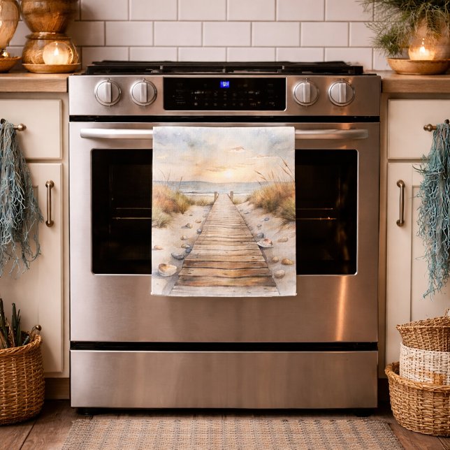 Linge De Cuisine Aquarelle de Sunset Beach Boardwalk (Créateur téléchargé)