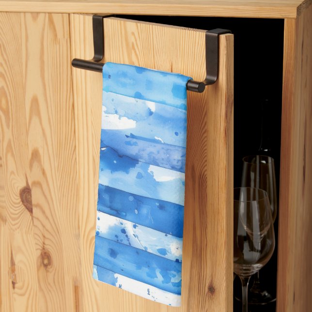 Linge De Cuisine Aquarelle Décor de plage bleu et blanc rayé (Pliage en tiers)