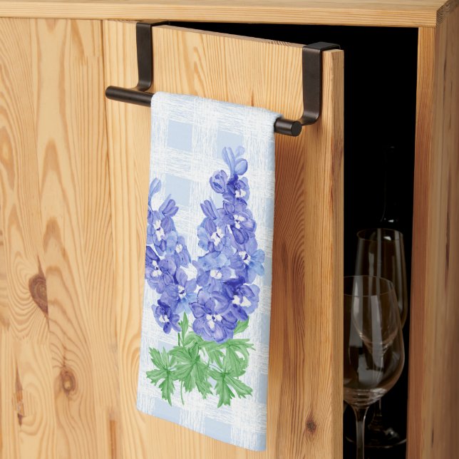 Linge De Cuisine Aquarelle Delphinium Bleu Profond Gingham Bleu Cla (Pliage en tiers)