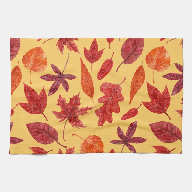 Linge De Cuisine Aquarelle des feuilles rouges (Horizontal)