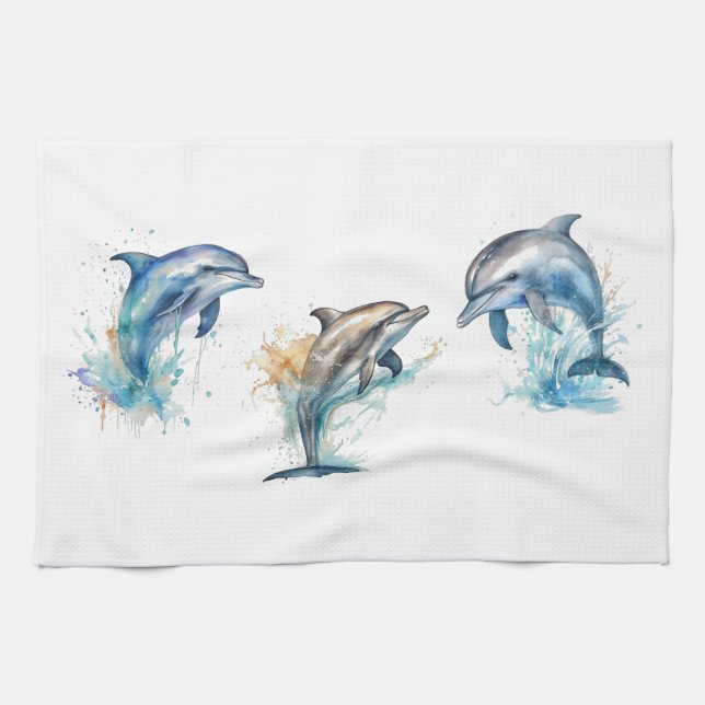 Linge De Cuisine Aquarelle Dolphin Trio (Horizontal)