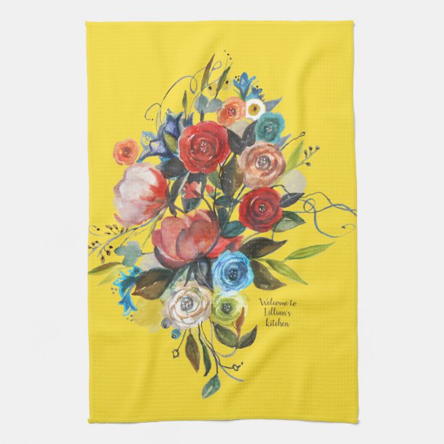 Linge De Cuisine Aquarelle douce Bouquet Jaune Personnalisable (Vertical)