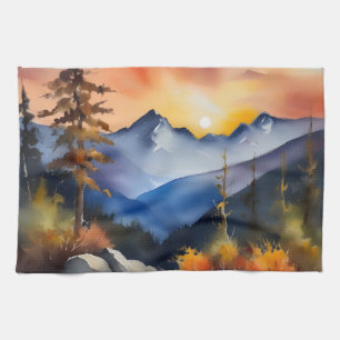 Linge De Cuisine Aquarelle du lever du soleil sur les montagnes enn