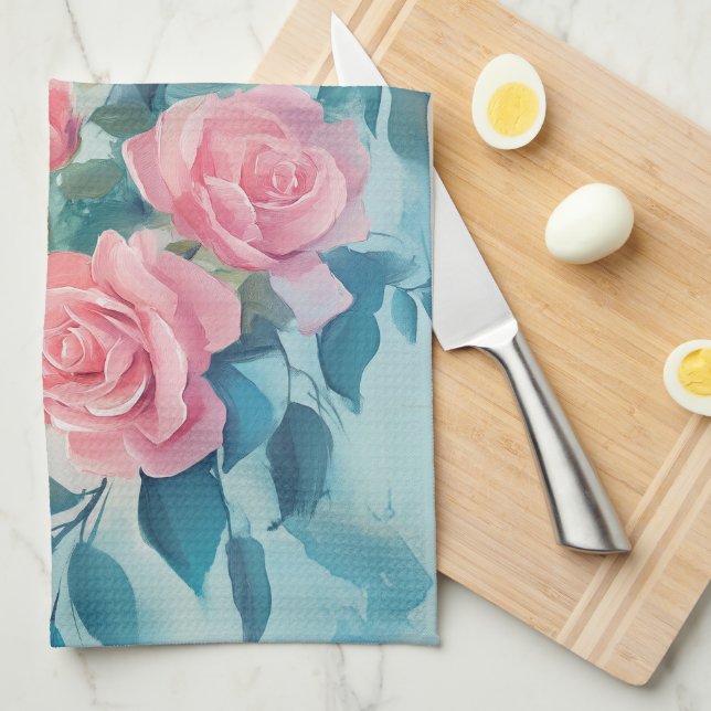 Linge De Cuisine Aquarelle élégante Roses roses  (Quart Plié)