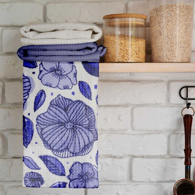 Linge De Cuisine Aquarelle et fleurs d'encre - palette bleue (Créateur téléchargé)