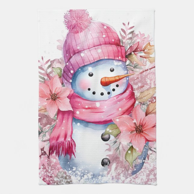 Linge De Cuisine Aquarelle festive bonhomme de neige rose de Noël (Vertical)