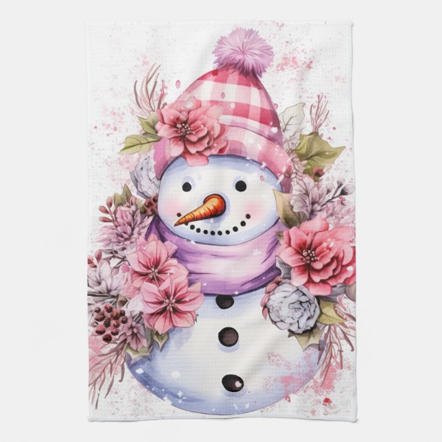 Linge De Cuisine Aquarelle festive bonhomme de neige rose de Noël (Vertical)