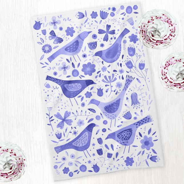Linge De Cuisine Aquarelle Fleur sauvage et ornithologique bleu bla (Watercolor blue and white birds and wild flower painting on a kitchen tea towel)