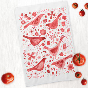 Linge De Cuisine Aquarelle Fleur sauvage et ornithologique rouge bl