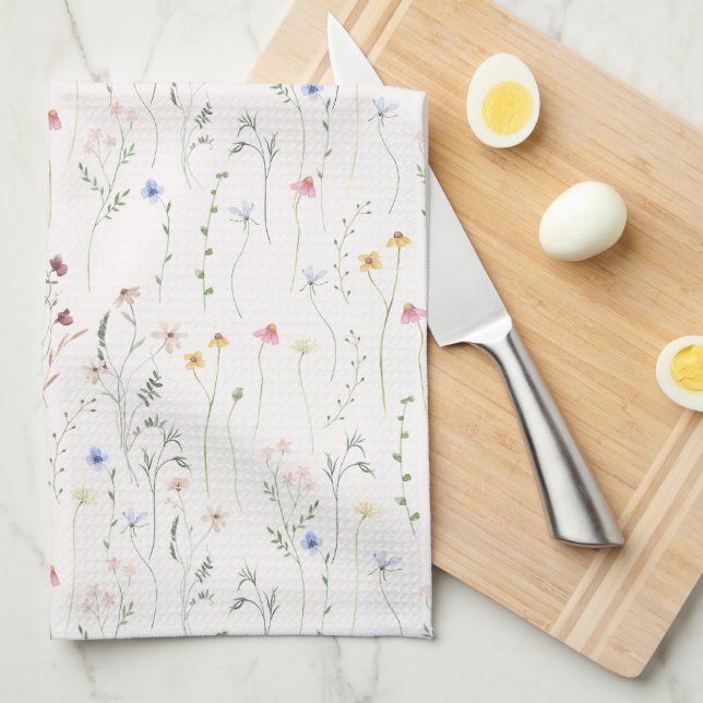 Linge De Cuisine Aquarelle fleur sauvage rose pâle (Quart Plié)