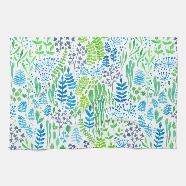 Linge De Cuisine Aquarelle fleurie doodles blanc (Horizontal)