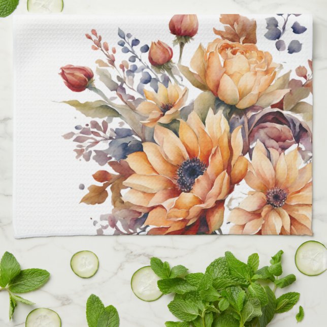 Linge De Cuisine Aquarelle Fleurs de chute - (Plié)
