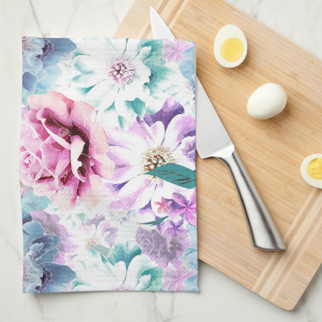 Linge De Cuisine Aquarelle fleurs roses, bleues.  (Quart Plié)
