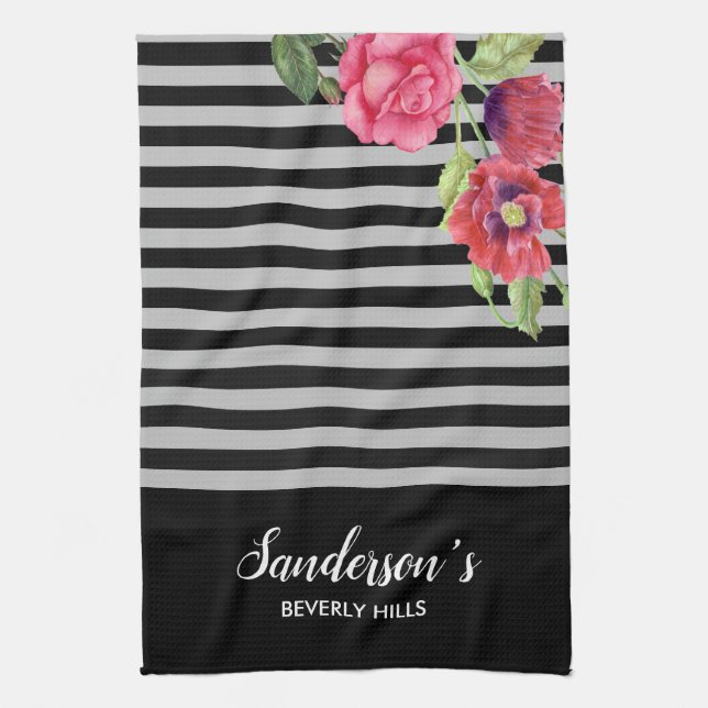 Linge De Cuisine Aquarelle Fleurs rouges et roses Gris noir (Vertical)