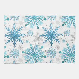 Linge De Cuisine Aquarelle Flocons de Neige d'Hiver Bleu et Paillet