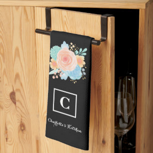 Linge De Cuisine Aquarelle Floral Rose Monogramme noir