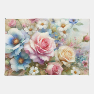 Linge De Cuisine Aquarelle florale aux couleurs pastel douces