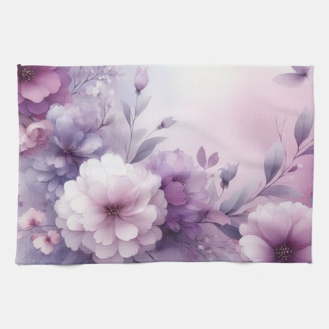 Linge De Cuisine Aquarelle florale aux couleurs pastel douces  (Horizontal)