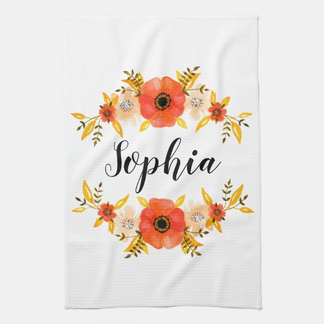 Linge De Cuisine Aquarelle florale Coral Wreath Texte personnalisé (Vertical)