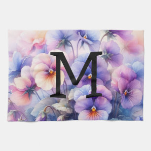 Linge De Cuisine Aquarelle florale monogramme rose pourpre panses