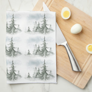 Linge De Cuisine Aquarelle Forêt de sapins rustiques hiver