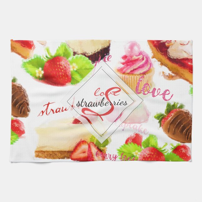 Linge De Cuisine Aquarelle Fraise Sucres Aimer Monogramme (Horizontal)