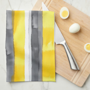 Linge De Cuisine Aquarelle gris jaune blanc rayé