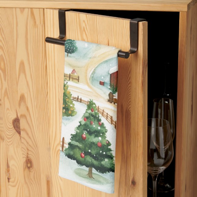 Linge De Cuisine Aquarelle Hiver Paysage rustique avec Fir Trees (Pliage en tiers)