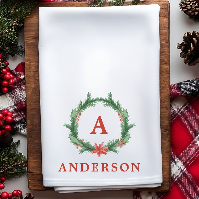 Linge De Cuisine Aquarelle Holly Wreath Vacances modernes Noël (Créateur téléchargé)