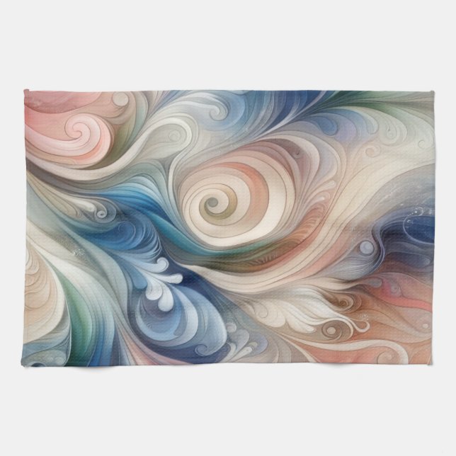 Linge De Cuisine Aquarelle Imaginaire Floral Pastel Bleu & Crème (Horizontal)