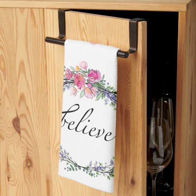 Linge De Cuisine Aquarelle Lavande rose Rose sauvage, Croire (Pliage en tiers)