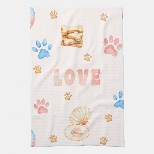 Linge De Cuisine Aquarelle "LOVE" Design avec Empreintes de pattes  (Vertical)