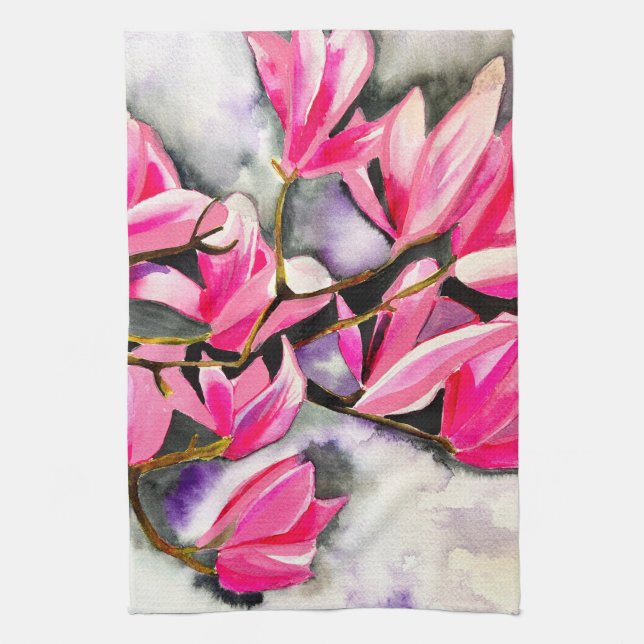 Linge De Cuisine Aquarelle magnolia rose (Vertical)