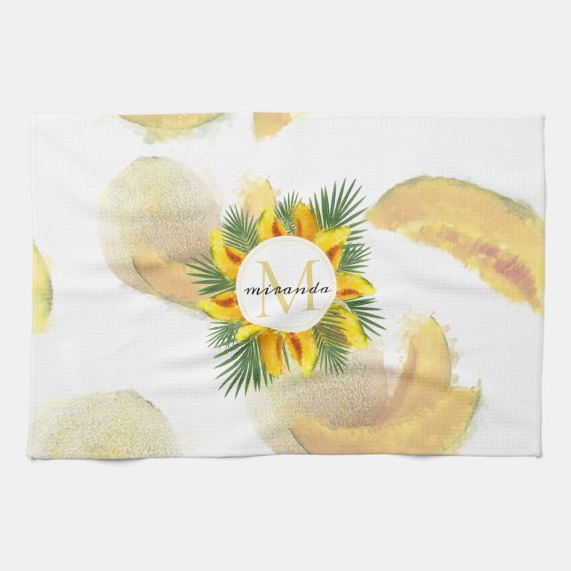 Linge De Cuisine Aquarelle Melon Feuille Tropical Wreath Monogramme (Horizontal)